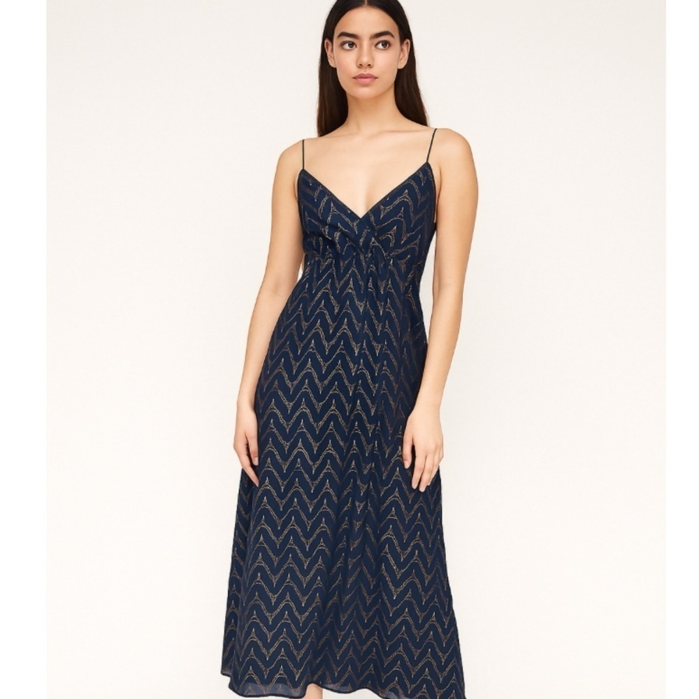 NBD Revolve Navy and Gold Print Deep V 
High Leg Slits Midi Coquettes Dress Sz M